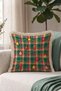 Green Plaid New Year's Patterned Tasseled Cushion Cover—New Year's Decoration with Bells, Beige Fringed Pillowcase - 8