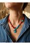 Handmade Necklace with Turquoise and Coral Natural Stones and a Nepalese Pendant—Special Design