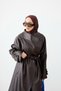 Women's Lined, Collared, Button-Up, Double-Pocketed, Tie-Detail Leather Trench Coat, Brown - 4