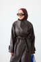 Women's Lined, Collared, Button-Up, Double-Pocketed, Tie-Detail Leather Trench Coat, Brown