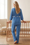 Blue Tie-Detail, Piped Viscose Knit Maternity and Postpartum Pajama Set 8095 - 7