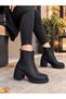 Open-Toe Black Leather Mid-Heel Boots - 2