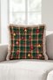 Green Plaid New Year's Patterned Tasseled Cushion Cover—New Year's Decoration with Bells, Beige Fringed Pillowcase - 3