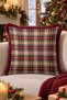 Beige Plaid New Year's Patterned Tasseled Cushion Cover—Classic New Year's Decor Burgundy Fringed Pillowcase