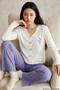 Ecru and Purple Soft-Textured Winter Corded Fabric Knit Pajama Set 8099 - 3