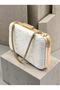 White Lace Women's Evening Clutch Bag with Gold Accents and a Thick Chain Strap for Weddings and Engagement Parties - 2