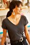 Women's Black Front Back V Oblique T-shirt TSH-19000282 - 2
