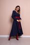 Women's Navy Blue Claret Red Leather Belt Navy Blue Long Sleeve Asymmetric Cut Dress - 5