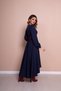 Women's Navy Blue Claret Red Leather Belt Navy Blue Long Sleeve Asymmetric Cut Dress - 8
