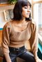 Women's Milk Brown Back Tie Sleeve Pompom Knitwear Sweater KZK-19000212 - 4
