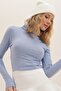 Women's Blue Turtleneck Ribbed Basic Crop Body Blouse ALC-695-001