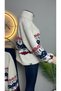 Women's Ecru Plush Sweatshirt, Standard Size, Half-Zip, Mock Neck, Soft-Textured, Relaxed Fit, Winter Top, Ethnic Patterned - 4