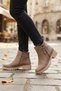 Women's Taupe Color Suede Short Boots with Side Zipper, Thick Treaded Sole, Casual Booties