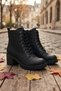 Women's Black Thick Heel Lace-Up Short Boots with Zip and Treaded Sole - 2