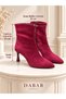 CATHY Women's Burgundy Luxury Suede Pointed Toe Zip-Up Boots 7 cm Stiletto-Heel Short Bootie - 4