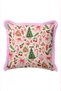 Cream-Colored New Year's Patterned Cushion Cover with Bow Detail and Tassels - Retro New Year's Fringed Pillowcase with Pink Tassels - 6