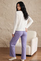Ecru and Purple Soft-Textured Winter Corded Fabric Knit Pajama Set 8099 - 4