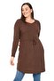 Plus Size Round Neck Detailed Pocket Waist Drawstring Wool Viscose Brown Tunic Dress - 4