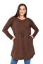 Plus Size Round Neck Detailed Pocket Waist Drawstring Wool Viscose Brown Tunic Dress