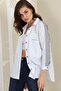 Women's White Bat Sleeve Double Pocket Striped Casual Cut Cotton Shirt