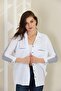 Women's White Bat Sleeve Double Pocket Striped Casual Cut Cotton Shirt - 2