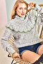 Women's Gray Openwork Ruffled White Striped Half Fisherman Knitwear Sweater 20011034
