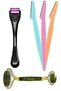 Set of 3 Dermaroller Needle Skin Renewal Tool + Jade Stone Massage Tool + 3-Piece Eyebrow Razor