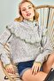 Women's Gray Openwork Ruffled White Striped Half Fisherman Knitwear Sweater 20011034 - 4