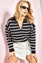 Women's Black and White Striped Patterned Polo Collar Knit Sweater 20011166 - 3