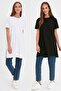 Siyah-Beyaz 2'li Paket Yırtmaç Detaylı Bisiklet Yaka Kısa Kollu Basic Örme T-Shirt TCTSS21UK0009
