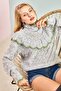 Women's Gray Openwork Ruffled White Striped Half Fisherman Knitwear Sweater 20011034 - 2