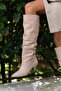 Bukiy Women's Beige Vegan Leather Pleated Boots - 4