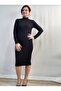 Turtleneck Below the Knee Black Combed Cotton Pencil Dress - 3