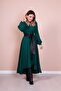 Women's Black Leather Belted Emerald Long Sleeve Asymmetric Cut Dress - 5