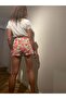 Pink Floral Patterned Women's Shorts Skirt - Front Double Slits - 2
