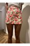 Pink Floral Patterned Women's Shorts Skirt - Front Double Slits - 3