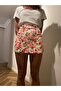 Pink Floral Patterned Women's Shorts Skirt - Front Double Slits - 4
