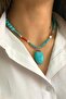 Handmade Turquoise and Coral Natural Stone Special Design Natural Stone Necklace with Pearl Accessory - 3