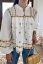 Women's White Mustard Embroidered Loose Blouse - 3