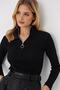 Women's Black Front Zippered Ribbed Half Fisherman Blouse - 2
