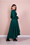 Women's Black Leather Belted Emerald Long Sleeve Asymmetric Cut Dress - 10