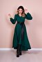 Women's Black Leather Belted Emerald Long Sleeve Asymmetric Cut Dress - 2