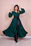 Women's Black Leather Belted Emerald Long Sleeve Asymmetric Cut Dress - 7