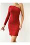 Women's One Shoulder Long Sleeve Camisole Mini Red Dress - 2