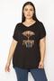 Women's Large Size Black Embroidery Detailed Low Sleeve Viscose Blouse 65n29506