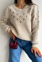 Women's Beige Embroidered Cotton Knit Sweater ( Suitable for Sizes S and M )