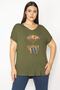 Women's Large Size Khaki Embroidery Detailed Low Sleeve Viscose Blouse 65n29506