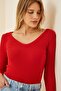Women's Red V-neck Corded Lycra Knitted Blouse GT00057