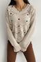 Women's Beige Low Shoulder Embroidered Knitwear Sweater