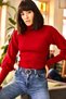 Women's Claret Red Sleeve Detailed Stand Collar Ribbed Knitwear Sweater KZK-19000383 - 5